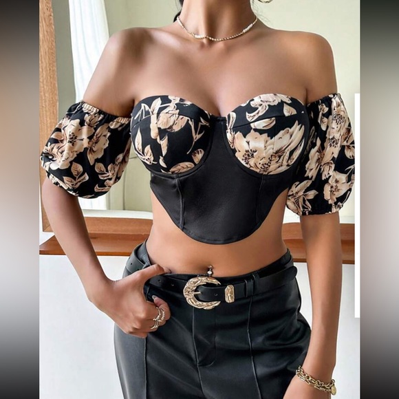 Boho floral print off shoulder crop top - Picture 2 of 6